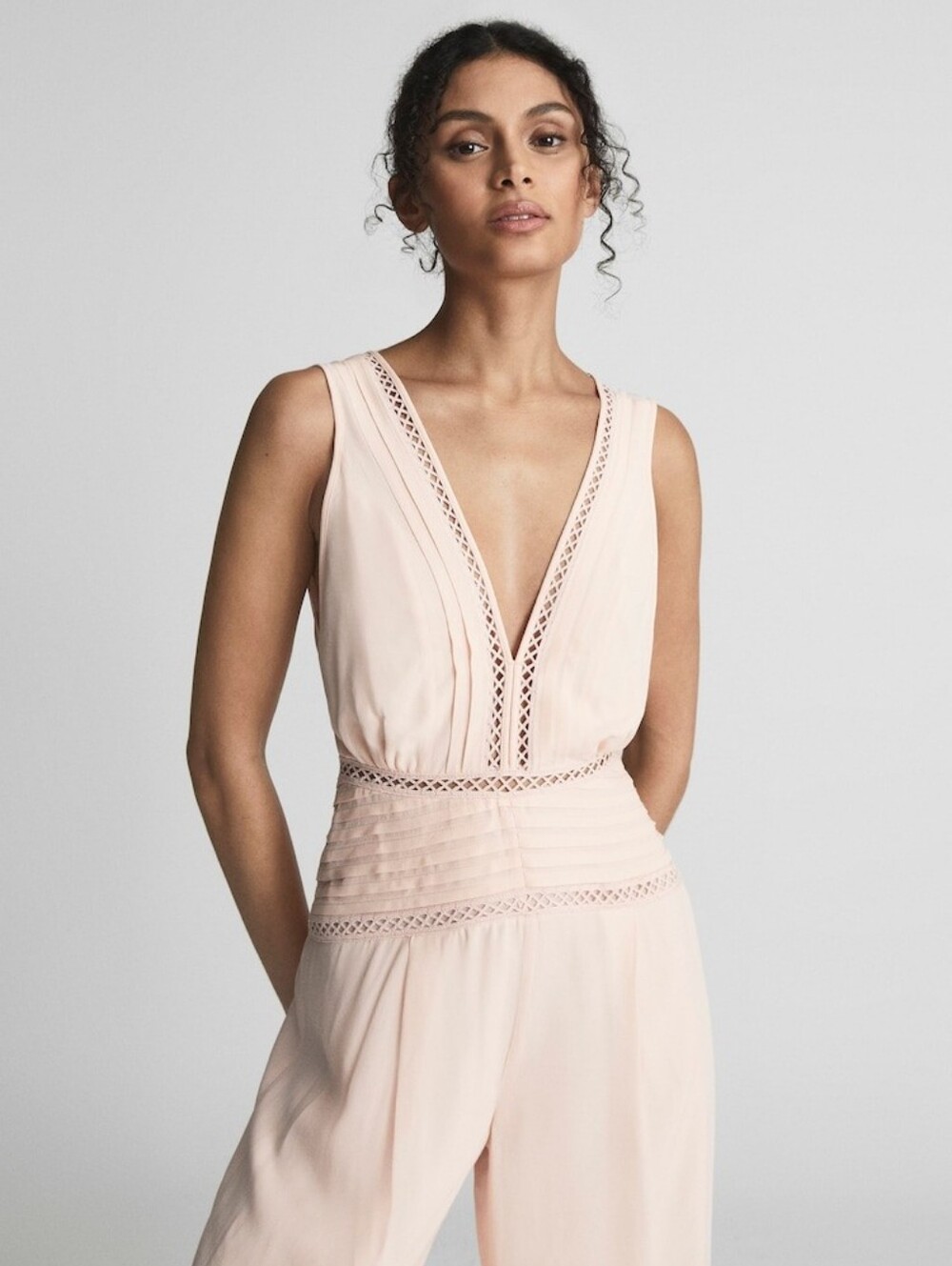 Reiss Pale Blush Pink V-Neck Wide-Leg Jumpsuit - Picture 2 of 6